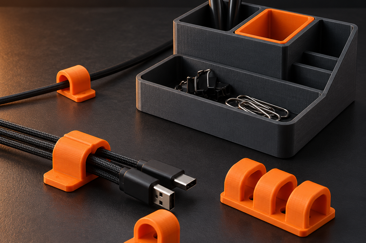 Zubehör · PrintMount 3D-gedruckte Kabelclips und Schreibtisch-Organizer – Symbolmotiv.