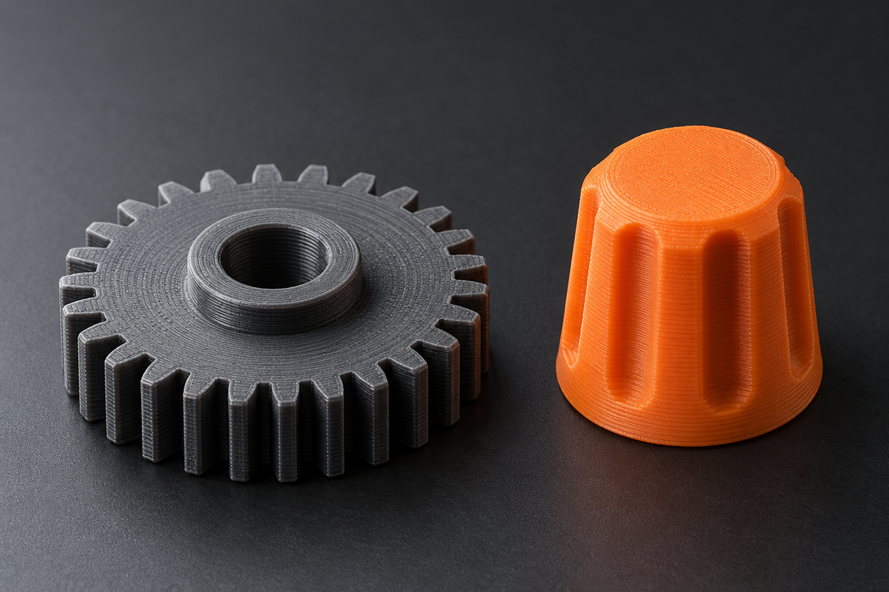 Ersatzteile · PrintMount 3D-gedrucktes Zahnrad und orangefarbener Drehknopf – Symbolmotiv.